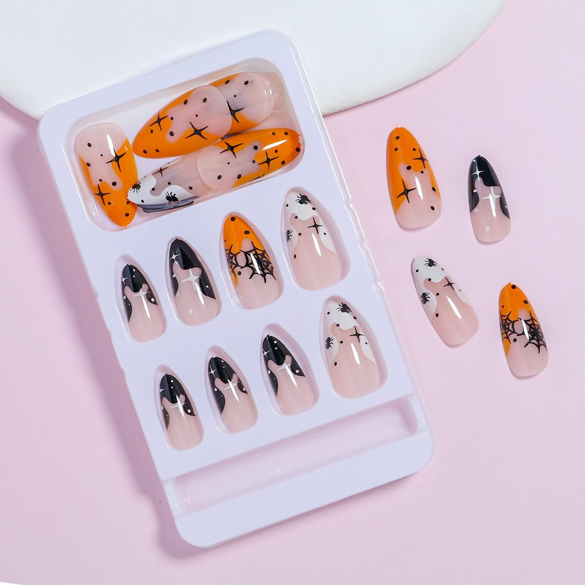 24Pcs Halloween Press on Nails Medium Length Almond Fake Nails Full Cover Black Spider Web Stick on Nails White Orange French Tip Artificial Acrylic Nails with Stars Design False Nails for Women Girls