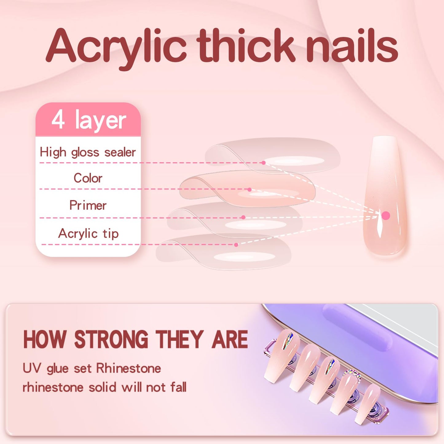 Yivaiks 24 Pcs Pink Press on Nail Long Coffin Fake False Nails with Rhinestones Design Ballerina Glue on Nails Glossy Acrylic Press ons Coffin Nails Artificial Stick on Nails for Women