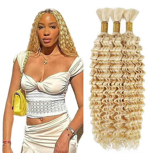 #613 Blonde Human Braiding Hair Deep Wave Bulk 24 24 24 Inch Honey Blonde Deep Wave Braids Human Hair Extensions Unprocessed Virgin Remy Hair 3 Bundle 50 Gram Per Bundle