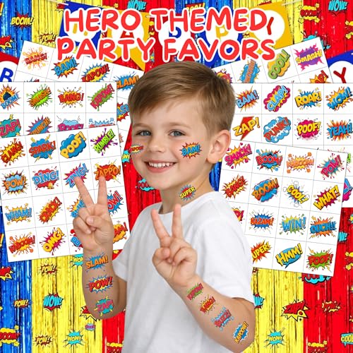 Hero Temporary Tattoos for Kids - 96 PCS Pre Cut Cute Hero Comic Boom Wow Bang Pow Omg Themed Tattoo Stickers for Birthday Party Decorations Favors Supplies Goodie Bag Fillers Gifts for Boys Girls