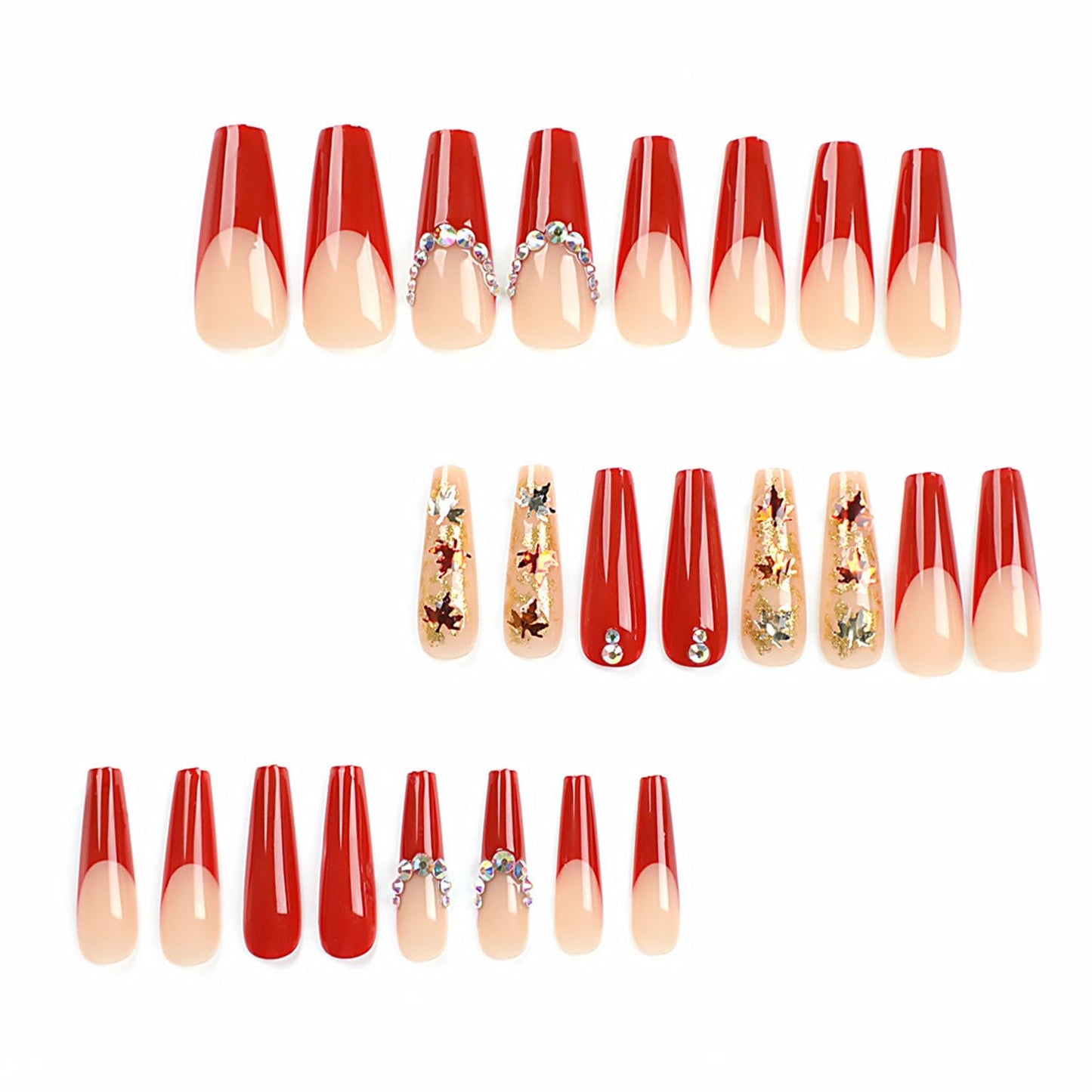 Red French Press on Nails Long Coffin Fake Nails Yellow Maple Leaves Glue on Nails Glitter Sequins Translucent Acrylic Nails Fall Extra Long Nails Glossy Rhinestone Stick on Nails for Women 24 Pcs