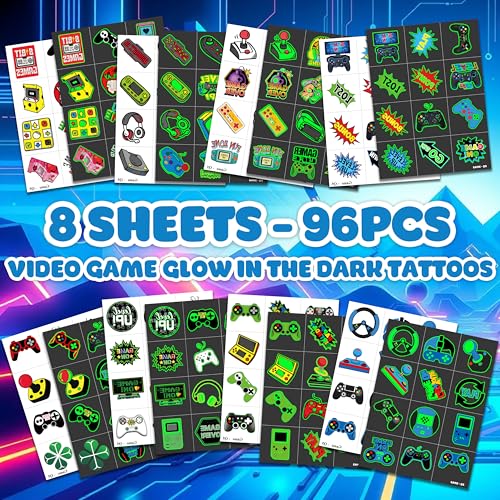 96 Pcs Glow in the Dark Video Game Temporary Tattoos for Kids