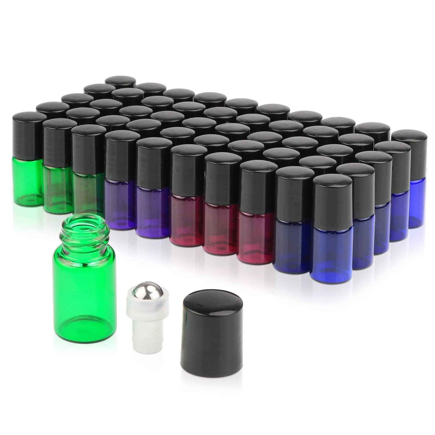 Furnido Pack of 50,2ml (5/8 Dram) Glass Roll on Bottle Mixed Color Sample Test Roller Essential Oil Vials Stainless Steel Roller Balls With Black Cap For Aromatherapy,Perfume Oils-Pipette included