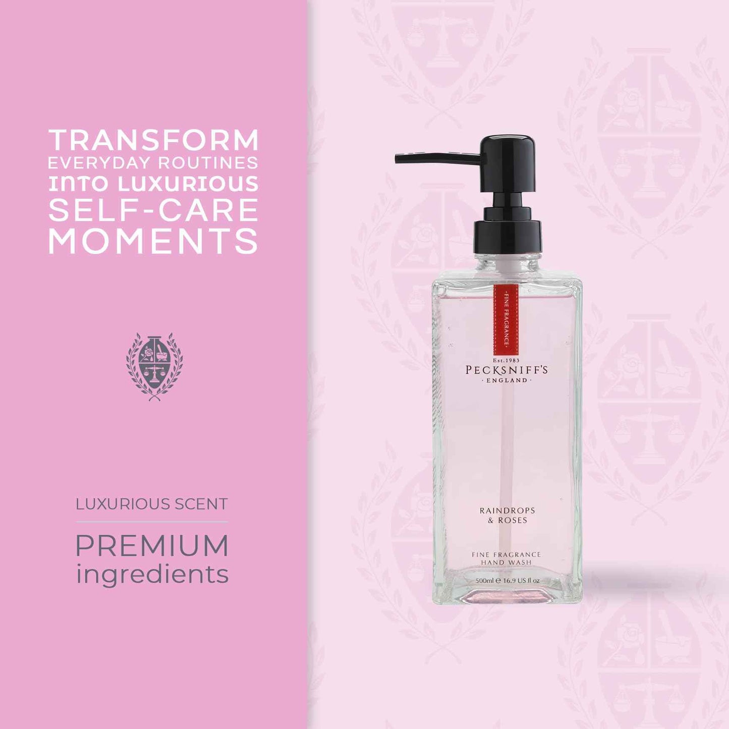 Pecksniff's Moisturizing Hand Wash - Vitamin B Enriched, Natural & Gentle Cleanser, Luxurious Hand Wash 500ml/16.9 fl oz (Glass, Raindrops & Roses)