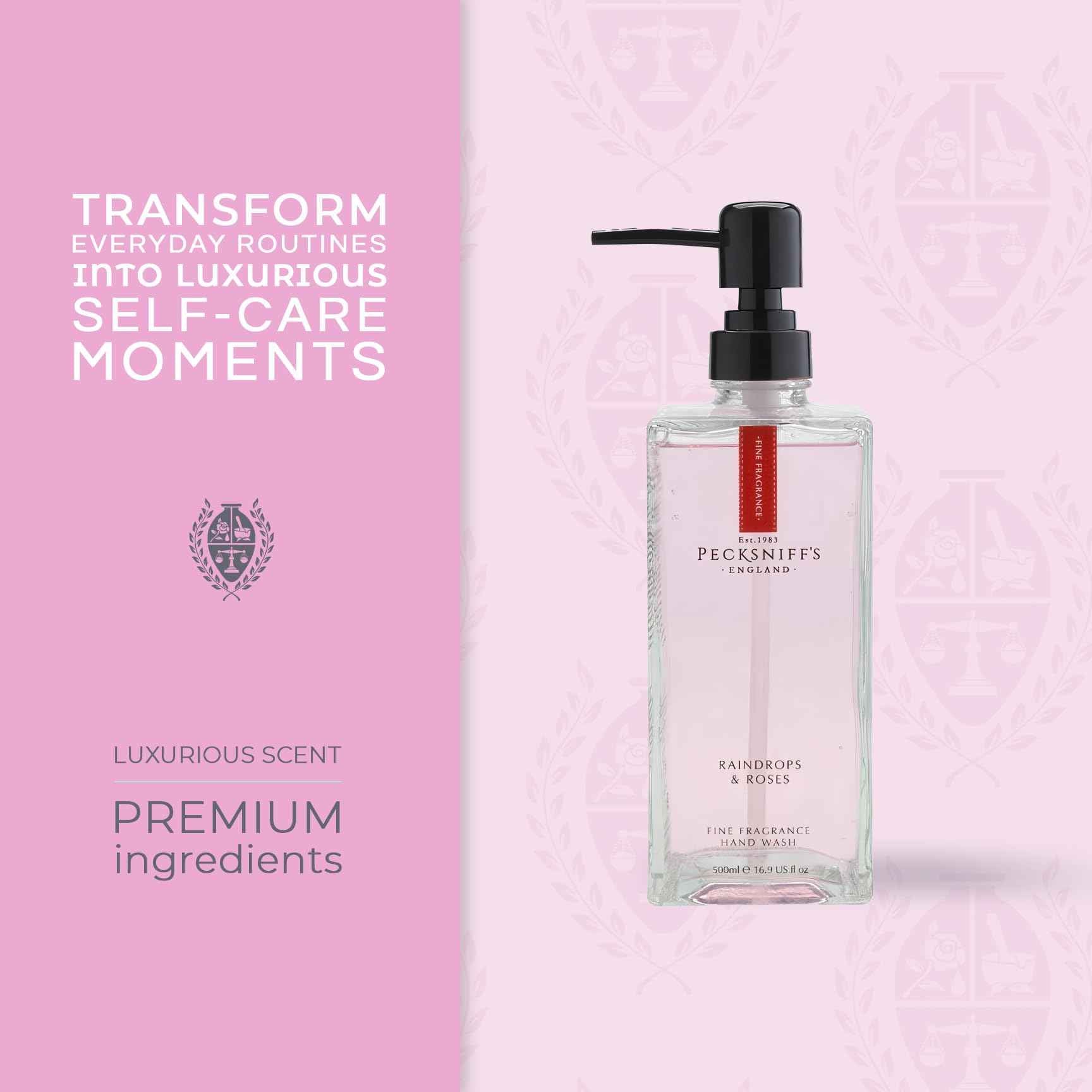 Pecksniff's Moisturizing Hand Wash - Vitamin B Enriched, Natural & Gentle Cleanser, Luxurious Hand Wash 500ml/16.9 fl oz (Glass, Raindrops & Roses)