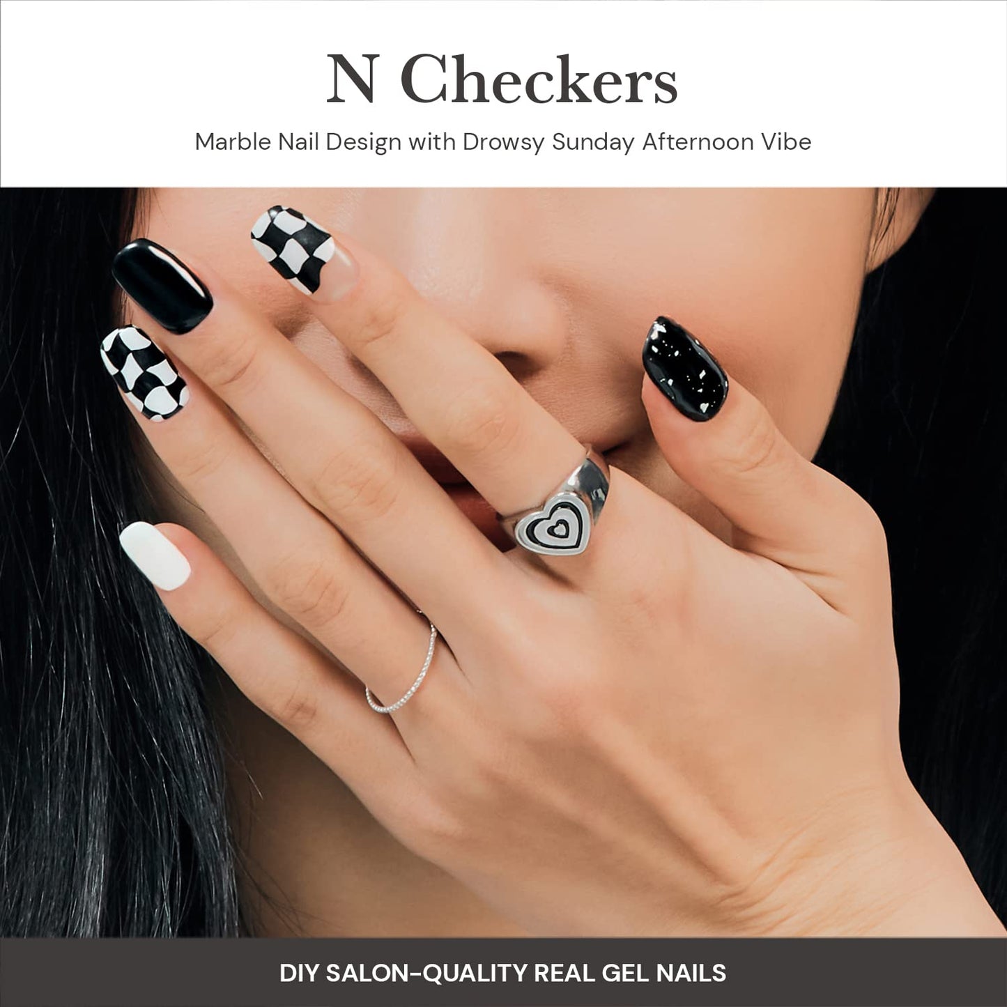 ohora Semi Cured Gel Nail Strips (N Checkers) - Dark, Patterned, Works with Any UV/LED Nail Lamps, Salon-Quality, Long Lasting, Easy to Apply & Remove - Includes 2 Prep Pads, Nail File & Wooden Stick