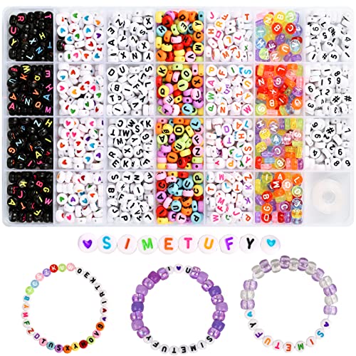 Simetufy 1400pcs Letter Beads for Bracelet Jewelry Making, 7 Style Colorful Round Alphabet Beads Number Beads Heart-Shaped Beads with 1 Roll Elastic String Cord, Beads Kit (7x4mm) for DIY Arts Crafts