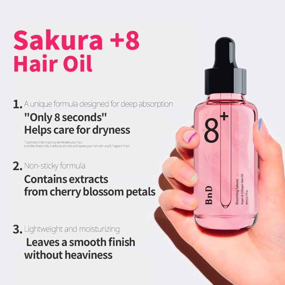BnD Blooming SAKURA Argan & Collagen Hair Oil 80ml – Lightweight Leave-in Treatment for Dry & Frizzy Hair, Smooth Finish, Non-Greasy, UV Protection, Floral Scent, Nourishing Oil – Korean Beauty