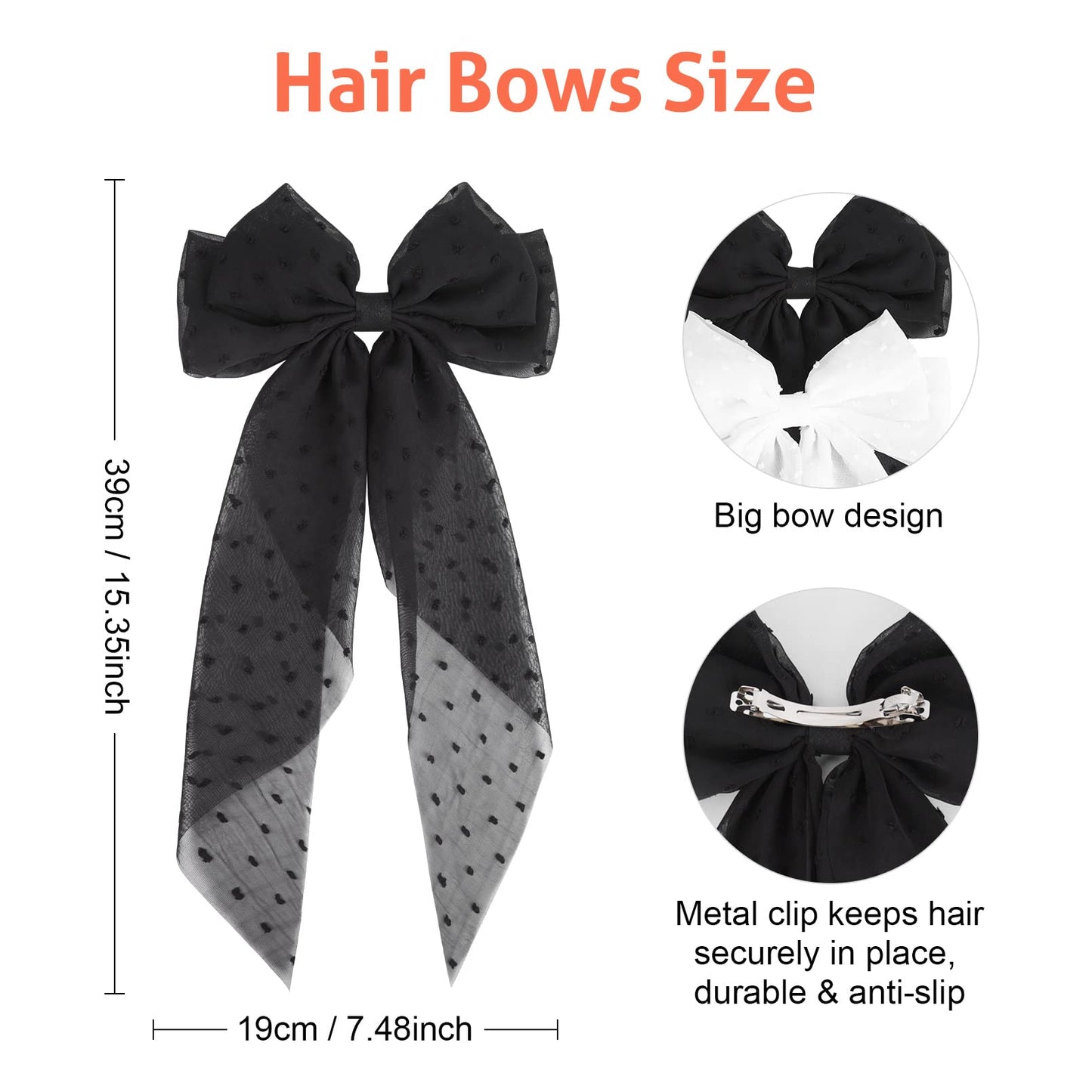 Large Hair Bows for Women,CEELGON 2PCS Big Bow Clips for Girls French Barrette Bowknot with Long Tail for Women(Black,Beige)