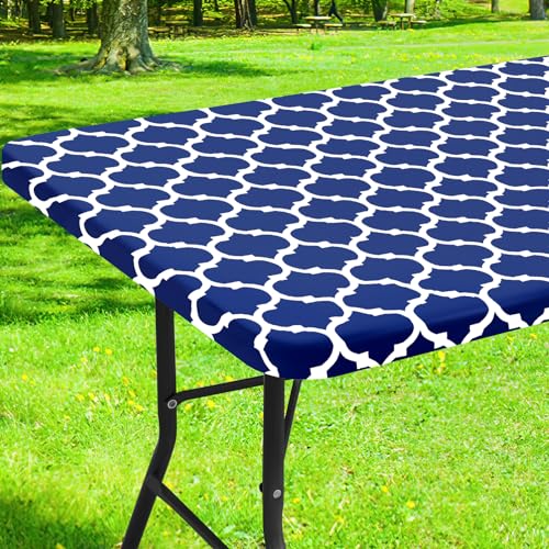 smiry Rectangle Picnic Tablecloth, Waterproof Elastic Fitted Table Covers for 4 Foot Tables, Wipeable Flannel Backed Vinyl Tablecloths for Camping, Indoor, Outdoor (Navy Morocco, 30x48 Inches)