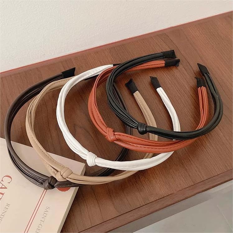 WOVOWOVO 5 Pcs Thin Leather Headbands for Women, Cute Knotted Head Bands for Women’s Hair Fashion Kont Headband Black Brown White Headbands for Girls Womens Hair Accessories