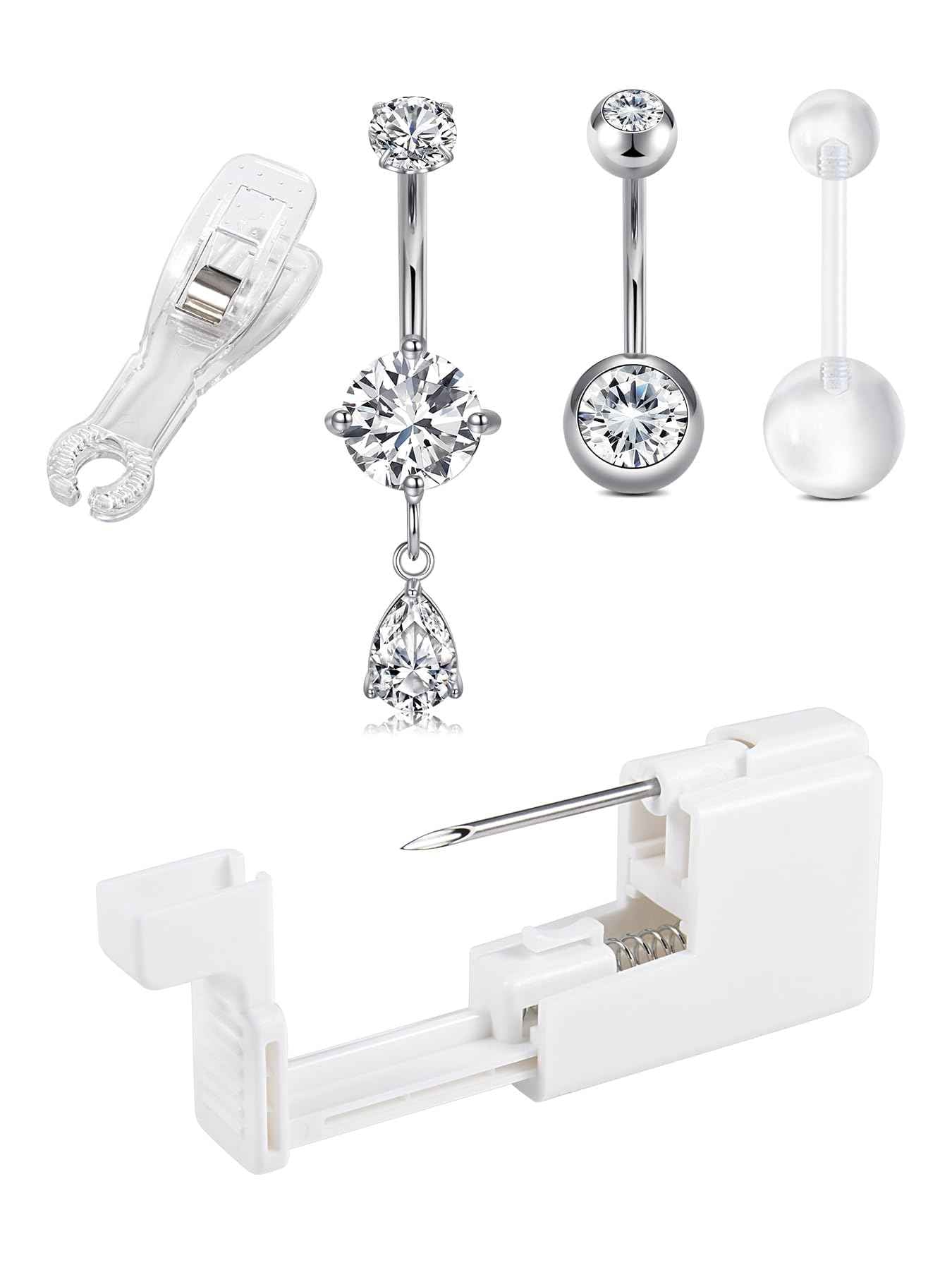 QWALIT Belly Button Piercing Kit Belly Piercing Kits Silver Belly Button Piercing Gun Self Belly Piercing Gun with Surgical Steel Dangle Belly Rings at Home