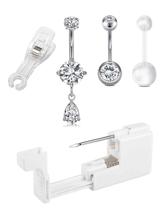 QWALIT Belly Button Piercing Kit Belly Piercing Kits Silver Belly Button Piercing Gun Self Belly Piercing Gun with Surgical Steel Dangle Belly Rings at Home