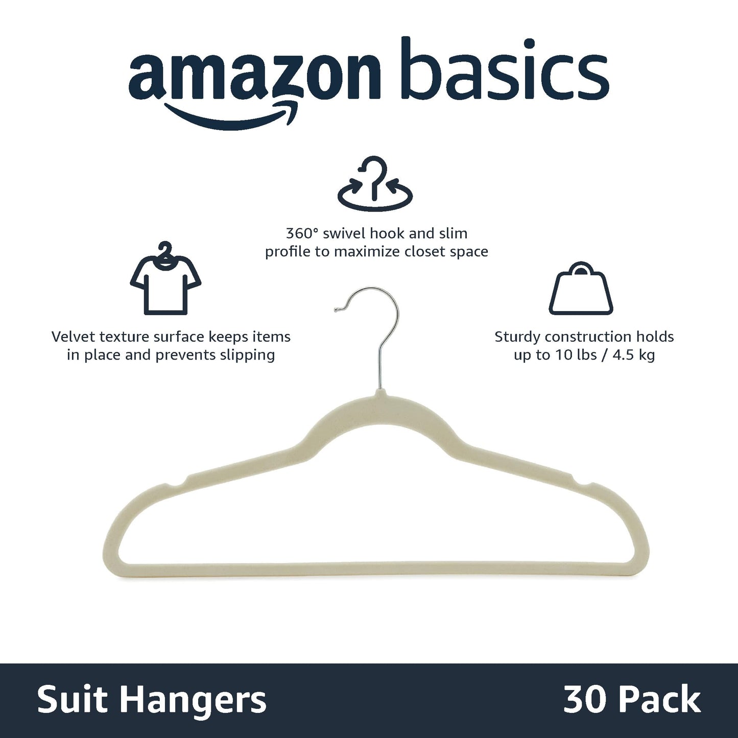 Amazon Basics Slim, Velvet, Non-Slip Suit Clothes Hangers, Ivory/Silver - Pack of 30