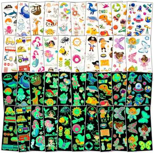 Luminous Tattoos for Kids, 200+ Mixed Styles Temporary Tattoos Stickers Set for Girls and Boys, Space Dinosaur Animals Butterfly Tattoos for Kids Birthday Party Supplies
