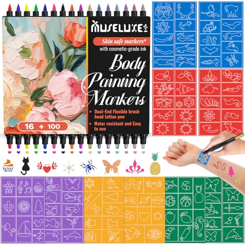 MuseLuxe Temporary Tattoo Markers - 16 Color Pen Set with 100 Stencils