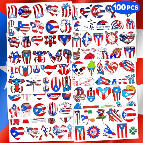 100PCS Puerto Rico Temporary Tattoos Puerto Rican Party Decorations Favors Supplies Themed Flag Stickers 10 Sheets Gifts for Baby Girls Boys Class School Carnival