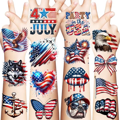 49 Pcs 4th of July Temporary Tattoos Waterproof American Patriotic