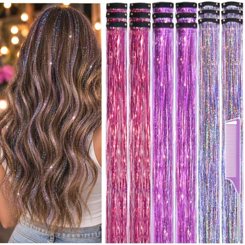 Hair Tinsel Clip-In Kit, 18 Pcs, 22", Rose Red Purple