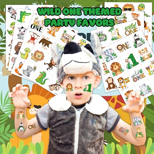 96-Piece Wild One Jungle Animal Temporary Tattoos for Birthday Party