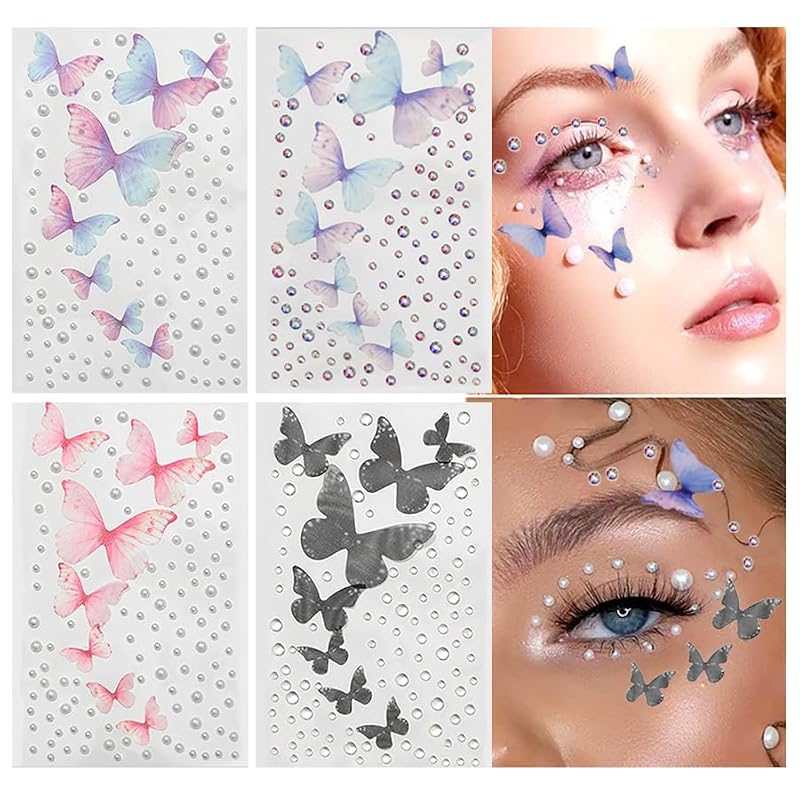 Butterfly Face Gem Stickers - 4 Sheets 3D Crystal Jewels
