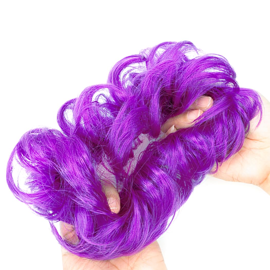 QTHQTFL 2pcs Messy Bun Hair Piece Scrunchie Hair Bun Hair Pieces for Women Girls Elastic Rubber Band Curly Wavy Synthetic Hair Bun Scrunchies Ponytail Extensions (Dark Purple)