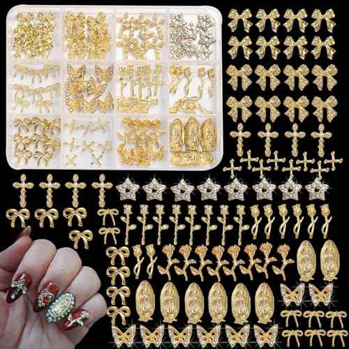 96PCS 3D Nail Charms - Gold Alloy Bow, Rose,Butterfly,Cross,Star,Virgin Mary & Coin Charms, Shiny Nail Rhinestones for Nail Art, Manicure, DIY Jewelry Making£¨96pcs£©