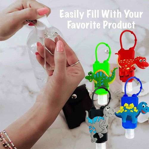 4Pcs Cartoon Kids Empty Travel Bottles Hand Sanitizer Holder with Silicone Case Keychain Carrier, Leak Proof Refillable Portable Travel Containers for Liquid Soap, Lotion (Dinosaur)