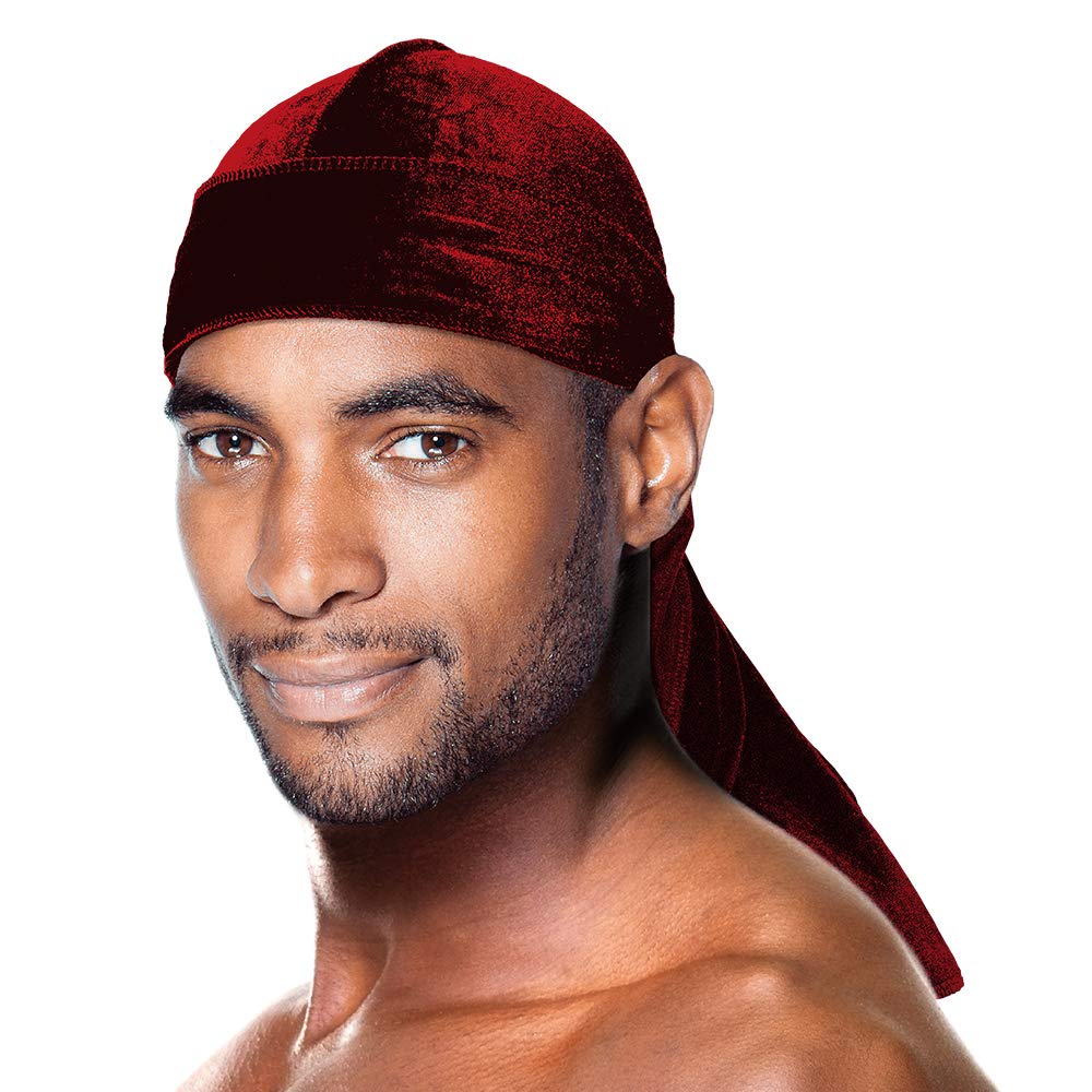 Durag - Velvet Long Tail 360/540/720 Wave - Premium Soft Quality Fabric, Coconut Oil Treated Stretchable Headwraps, Headtie, Headwear for Men and Women (Burgundy - 1 pack)