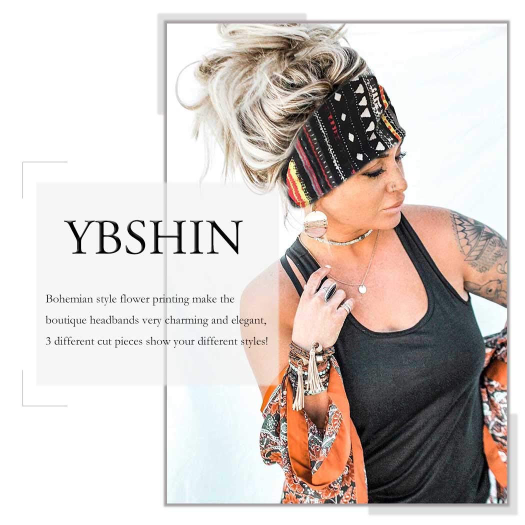 YBSHIN Boho Wide Headbands Stripe Head Wraps Knoted Hair Wears Turban Yoga Sweatbands Elastic Floral Printed Head Scarfs Stretch Cloth Hair Bands for Women and Girls 3Pcs (A)