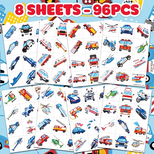 96 PCS Emergency Vehicle Temporary Tattoos for Kids