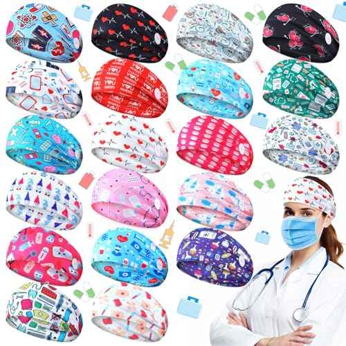 Jexine 20 Pcs Women Nurse Headbands with Button Wide Headbands for Mask Non Slip Elastic Ear Protection Nurse Christmas Thanksgiving Gifts for Doctors Sweatband Medical Hairband Workout Yoga Turban