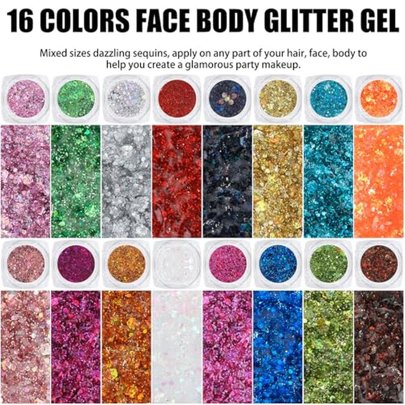 16 Colors Chunky Fine Mixed Holographic Glitter Gel Set for Face and Body Makeup Festival Party Sparkle Glitter Gel Decoration Rave Accessories