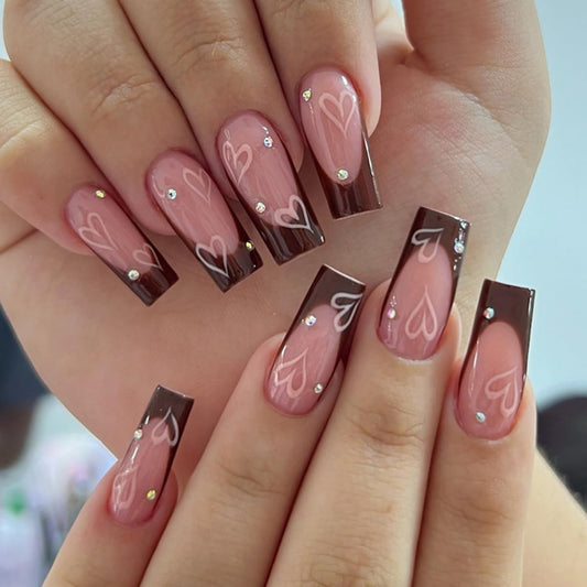 24Pcs CEWEWP Long Coffin Press on Nails Brown French Tip Fake Nails Pink Glue on Nails Love False Nails with Spot Drilling Designs Full Cover Artificial Acrylic Nails Decoration for Women