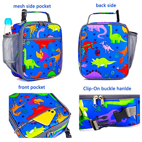 FlowFly Kids Lunch box Insulated Soft Bag Mini Cooler Back to School Thermal Meal Tote Kit for Girls, Boys, Dinosaur