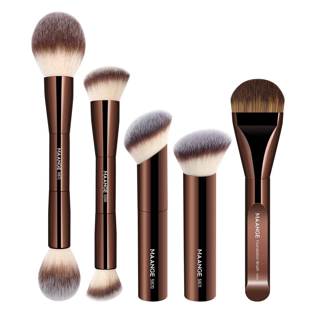 MAANGE 5 PCS Foundation Makeup Brush Set Double-ended Kabuki Mask Contour Brush for Liquid Powder Concealer Cream Cosmetics Blending Makeup Brushes (Coffee)