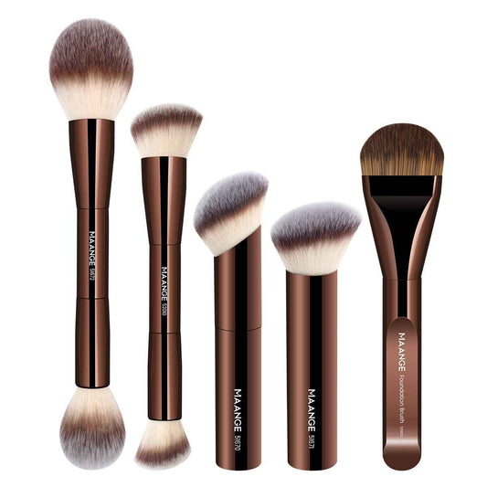 MAANGE 5 PCS Foundation Makeup Brush Set Double-ended Kabuki Mask Contour Brush for Liquid Powder Concealer Cream Cosmetics Blending Makeup Brushes (Coffee)
