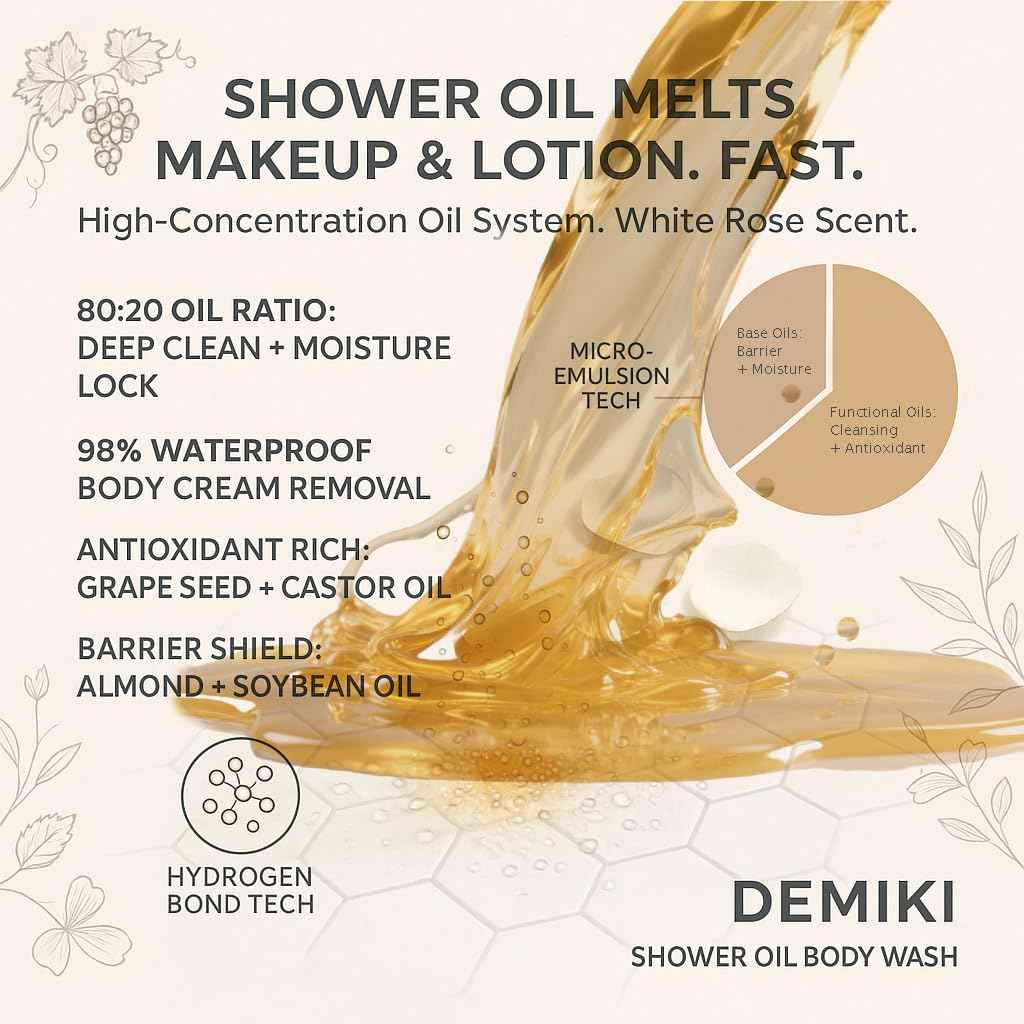 DEMIKI Body Wash Shower Oil Cleanser for Women-Japanese Bath Oil, Skin So Soft Moisturizing bodywash, Body Oil Cleanser, Natural Shower Gel, Body Care, Sulfate-Free,Paraben-Free 10 fl.oz