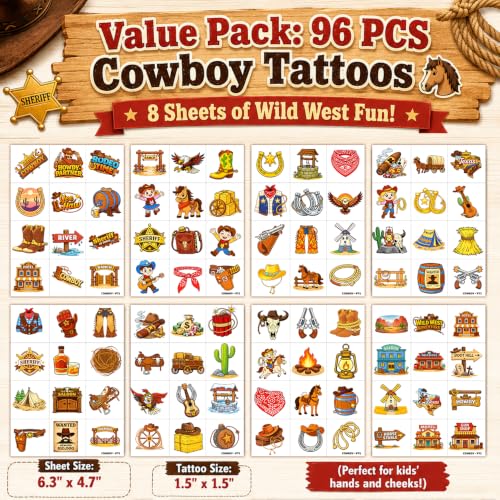 96 Cowboy Temporary Tattoos for Kids | Western Party Favors