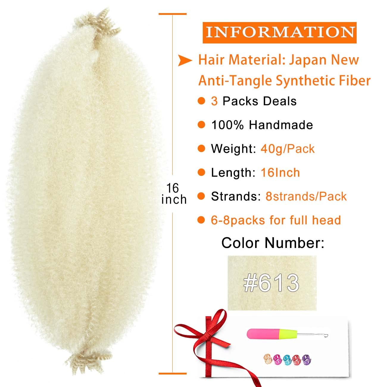 Blonde Afro Twist Hair 16 Inch Pre-Separated Springy Afro Twist Hair for Distress Locs Crochet Hair Synthetic Afro Twist Braiding Hair Extension (16 Inch (Pack of 3), 613#)