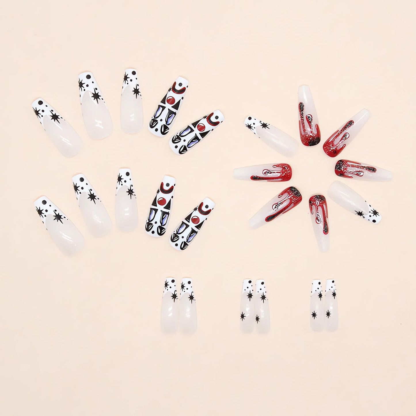 Halloween Press on Nails Long Coffin Fake Nails with Blood Clown Designs Glossy Glue on Nails Full Cover Long Acrylic Nails Halloween Nails for Women and Girls for Nail Art Decorations Cosplay 24 Pcs