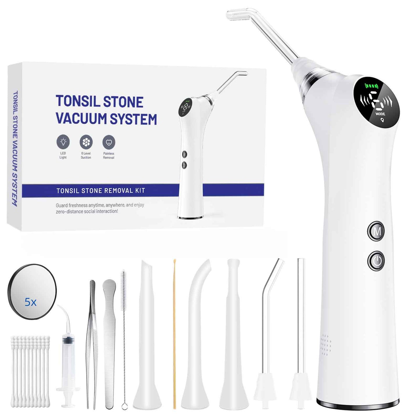 Upgraded Electric Tonsil Stone Remover – High-Precision & Painless Cleaning, Food-Grade Material, 6 Suction Levels | Tonsil Stone Removal Kit with LED Light, Oral Protection & 11 Attachments (Silver)