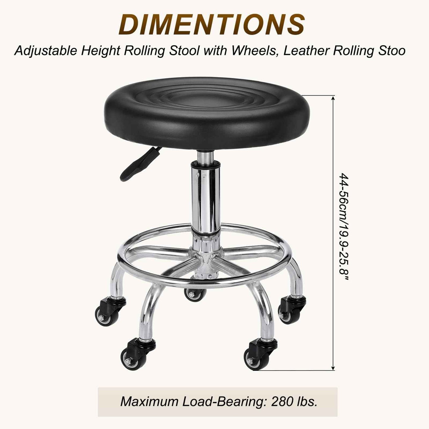 PATIKIL Adjustable Height Rolling Stool with Wheels, PU Leather Round Rolling Desk Stool for Tattoo Massage Salon Spa Salon Teach Facial Office, Black