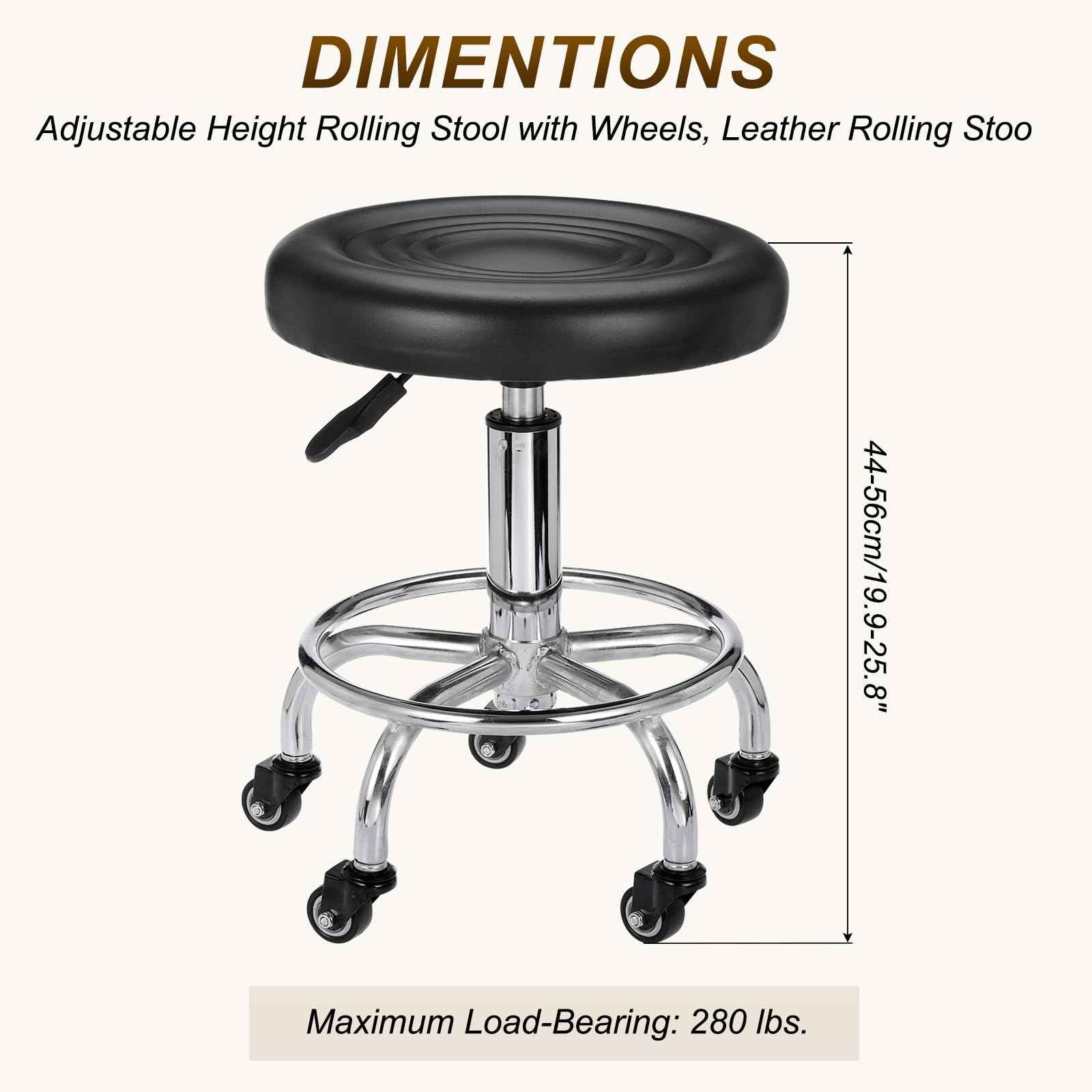 PATIKIL Adjustable Height Rolling Stool with Wheels, PU Leather Round Rolling Desk Stool for Tattoo Massage Salon Spa Salon Teach Facial Office, Black