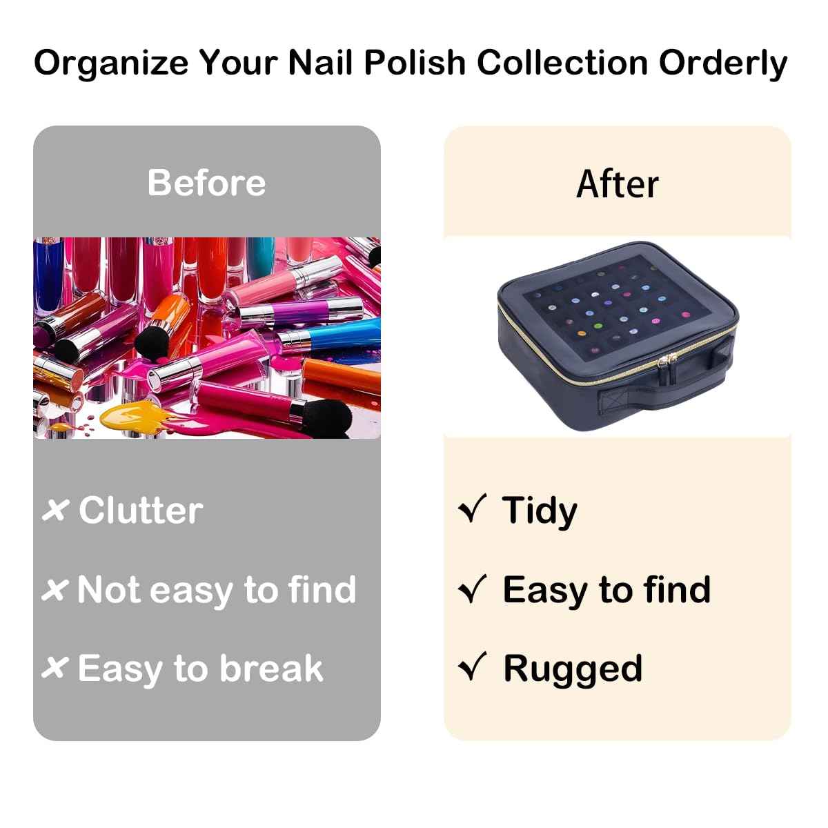 YAHOURWAT Small Clear Nail Polish Organizer Storage Box Hold 42 Bottles (15 ml/0.51 floz) PU Leather Portable Cosmetic Bag with Removable Partition (Black)