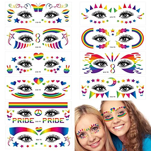 Pride Day Face Tattoo Stickers - 10 Rainbow Temporary Tattoos