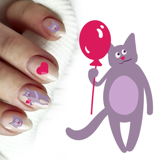 Nail Stickers Decals (5 Sheets) FLONZNAIL Funny Adrobale Purple Cat Faces and Poses Nail Decor Transfer Vintage Styled Stickers