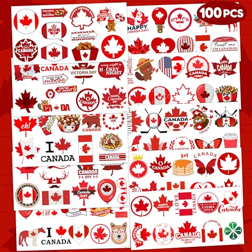 Canada Temporary Tattoos Happy Canada Day Party Decorations Favors Supplies Themed Cute Stickers 10 Sheets 100 PCS Gifts for Baby Girls Boys Class School Carnival