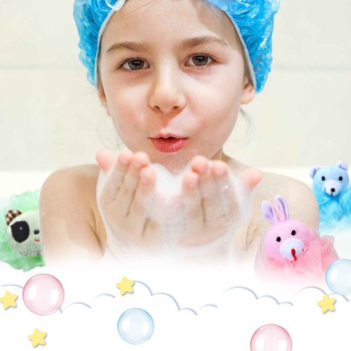 16 Pcs Kids Bath Loofahs Bulk Animal Cartoon Bath Sponge Cute Pouf Mesh Body Loofah Colorful Exfoliating Scrubber Shower Ball for Kids Toddler Boys Girls Adults