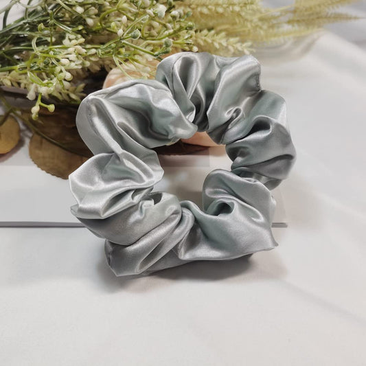 Pure Mulberry Silk Scrunchies Hair Accessories Hair Ties Elastic Satin Hair Band for Breakage Prevention (Large Silk Silvery Grey)